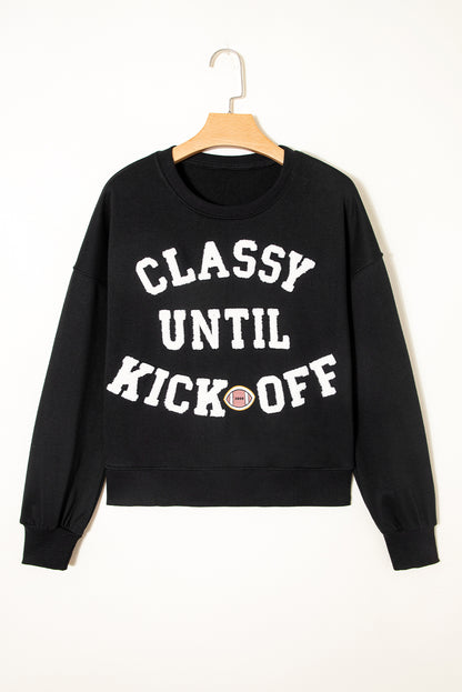 Black CLASSY UNTIL KICKOFF Plush Letter Patched Loose Sweatshirt